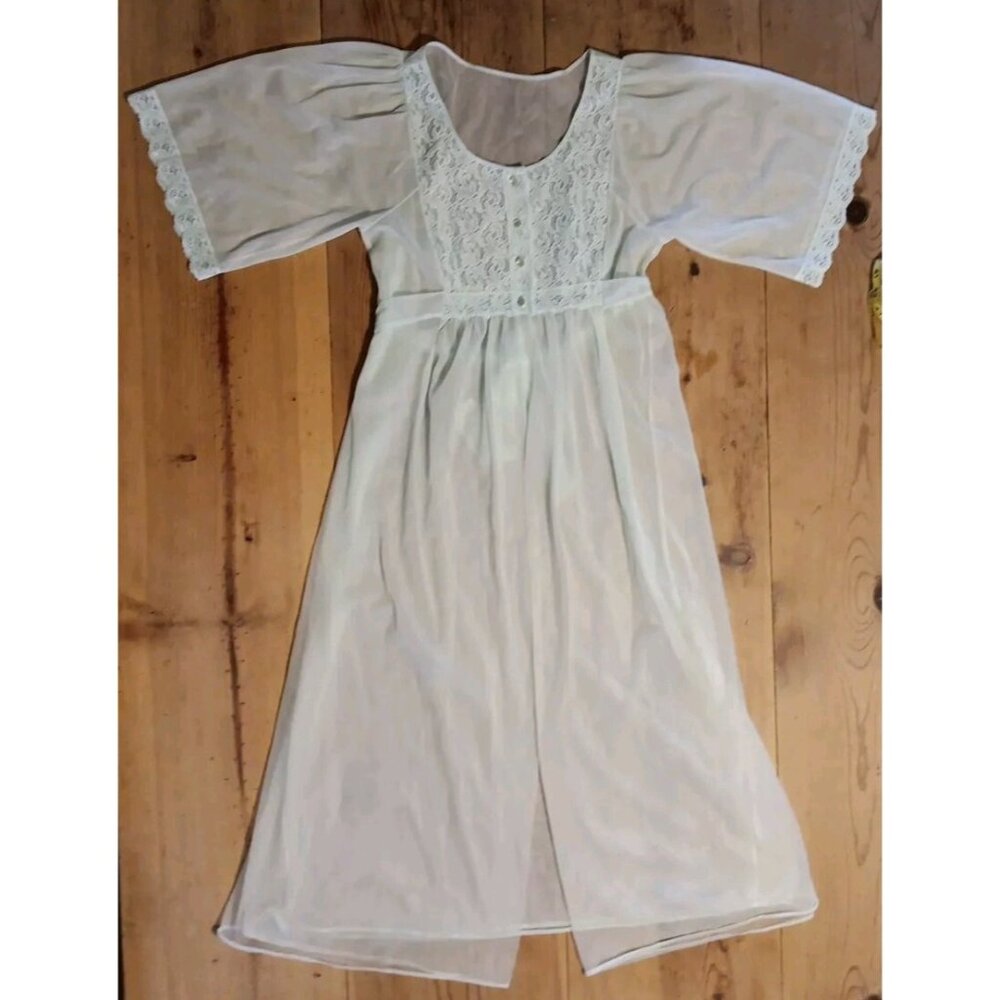 Vintage 60s Pegnoir Robe Womens S Green Floral Lace Sheer Retro Feminine Nylon